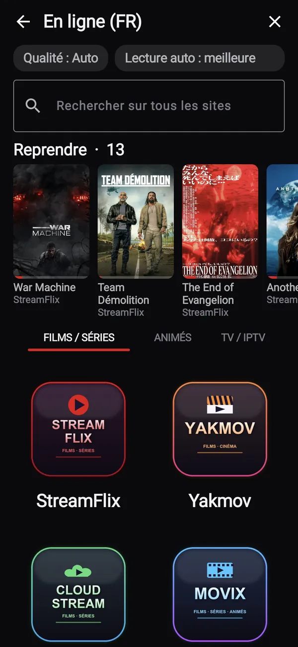 En ligne (FR) sur le téléphone, avec les reprises