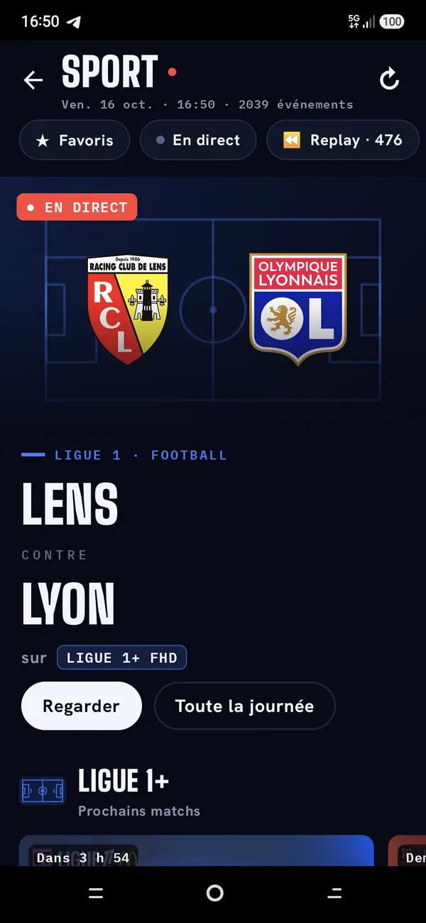 Le hub Sport sur le téléphone