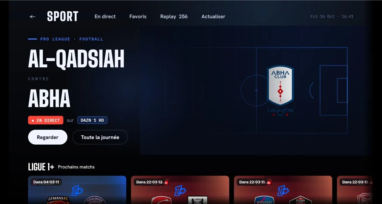 Le hub Sport avec un match en direct